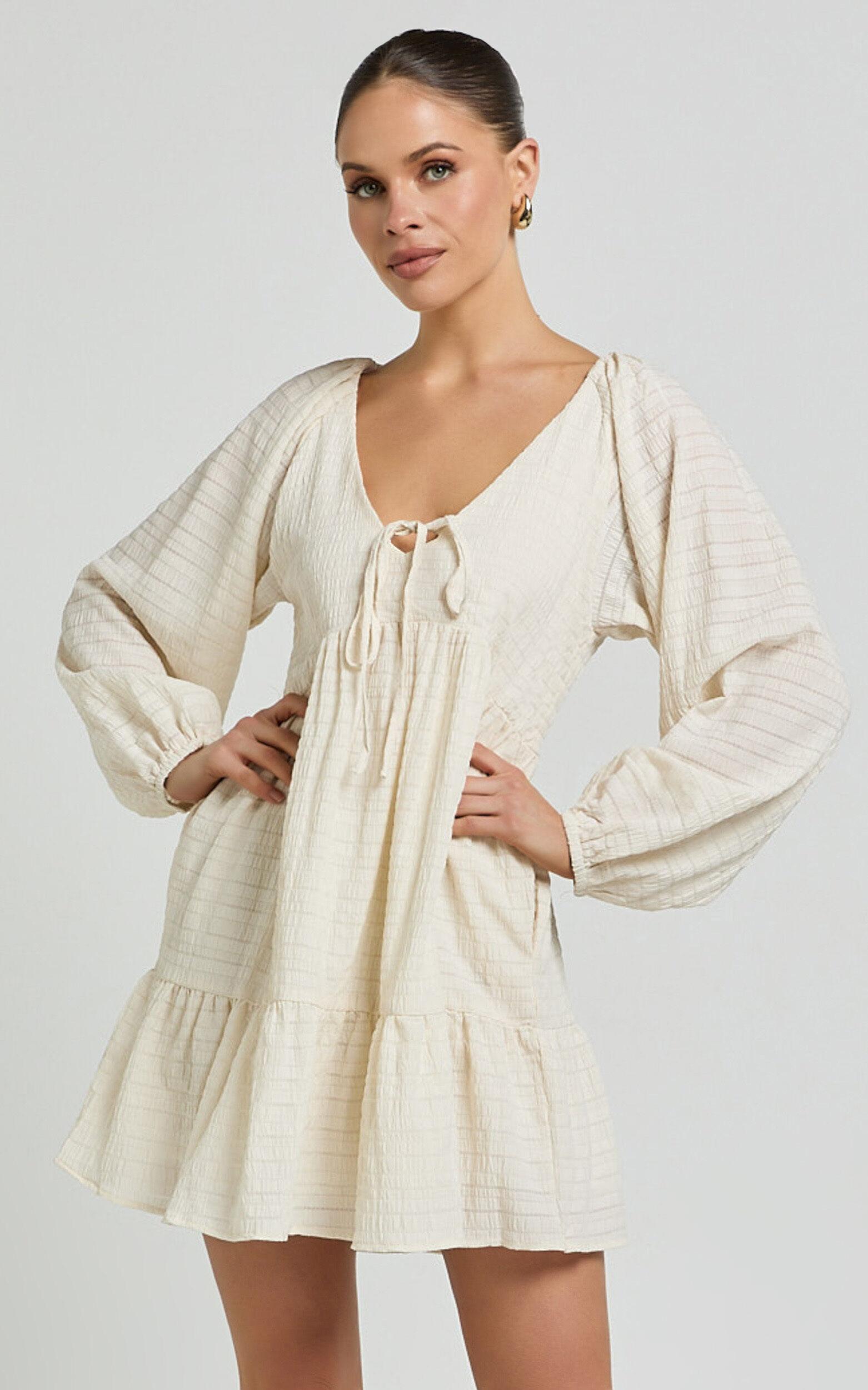Chaney Mini Dress - Long Sleeve Tie Front Smock Dress in Ivory Product Image