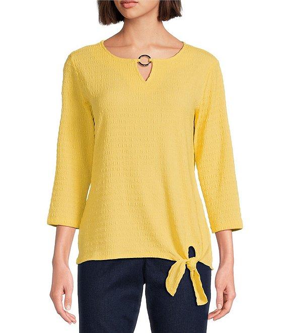 Allison Daley 3/4 Sleeve Keyhole Neck Tie Hem Seersucker Knit Top Product Image