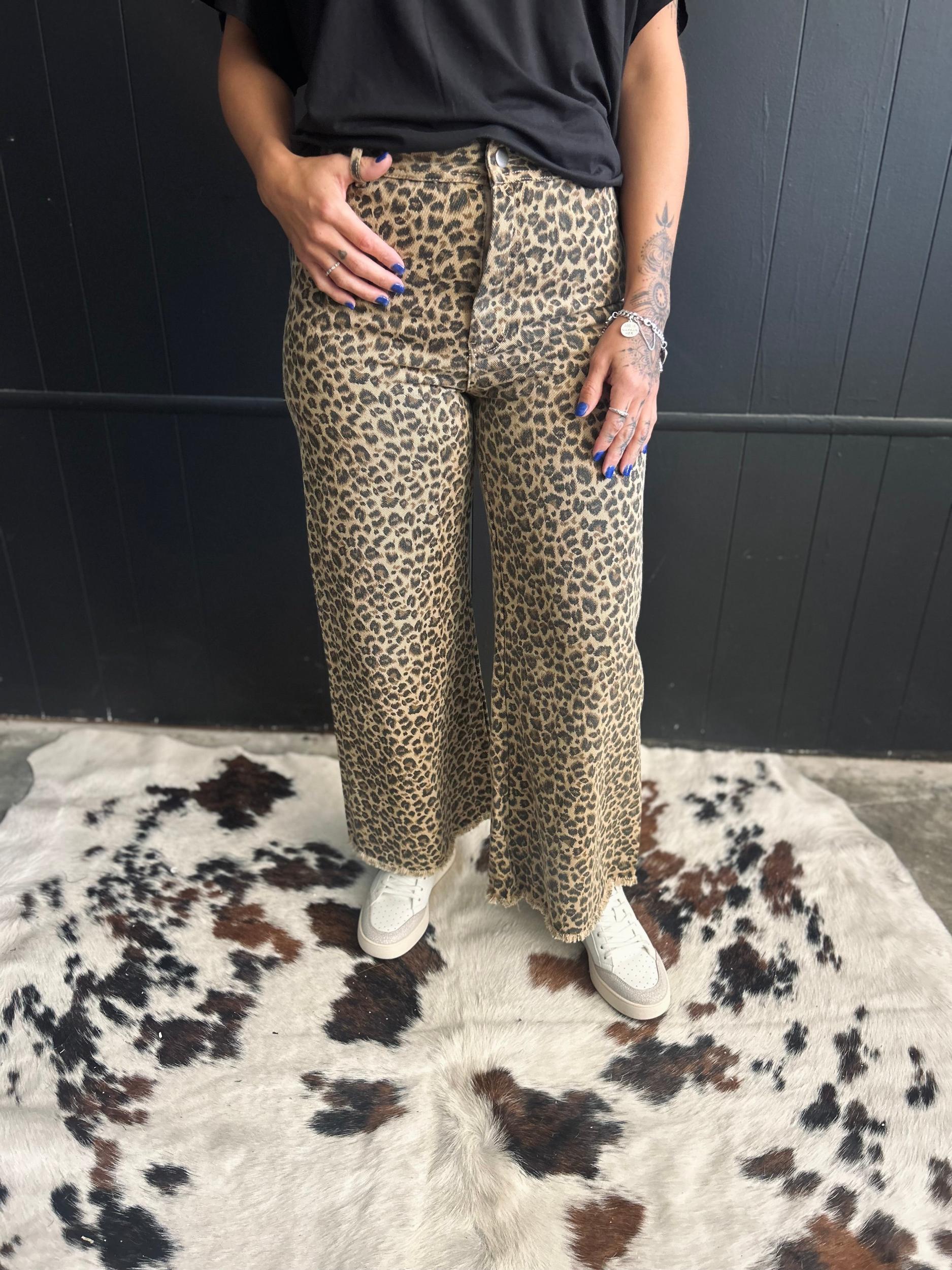 High Rise Leopard Twill Frayed Hem Wide Leg Pants* Product Image