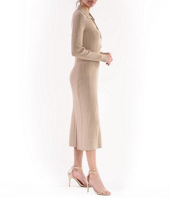 Julia Jordan Rib Knit Button Down Collar Long Sleeve Fit and Flare Midi Dress Product Image