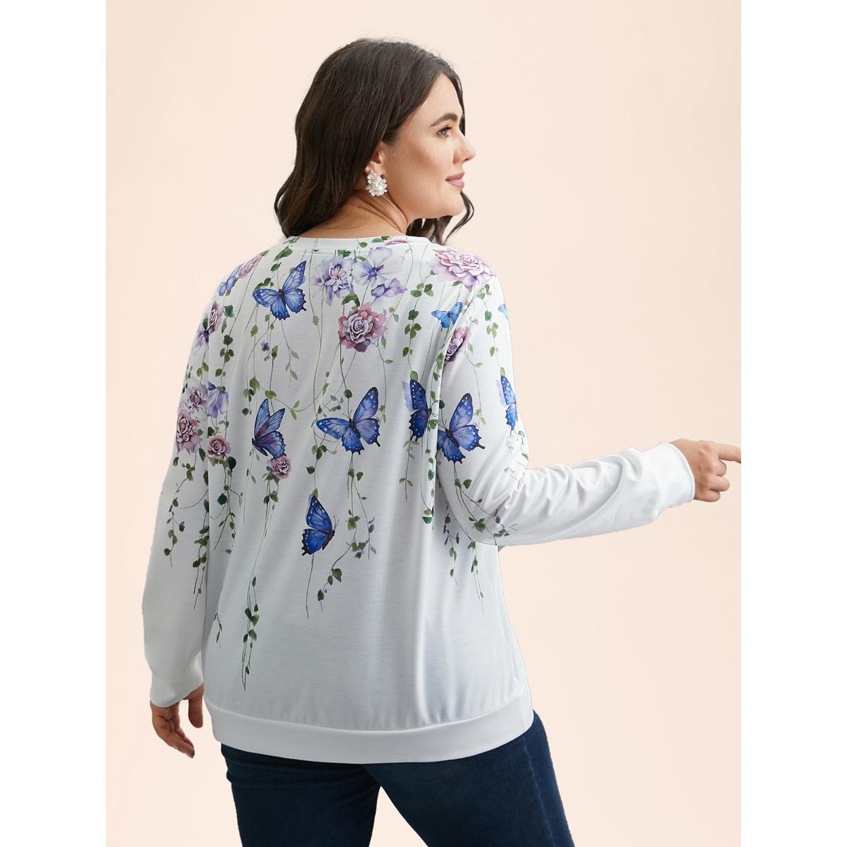 Plus Size Butterfly Print Stretchy Round Neck Sweatshirt Women WhiteSmoke Elegant Non Round Neck Everyday Sweatshirts BloomChic 10/M Product Image