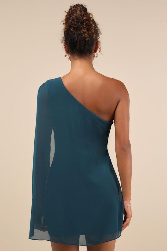 Majestic Energy Teal Green Cape Sleeve One-Shoulder Mini Dress Product Image