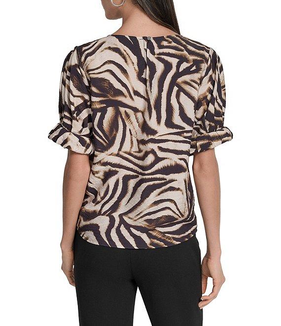 DKNY by Donna Karan Blurred Zebra Print Crew Neck Rolled Puff Sleeve Blouse Product Image