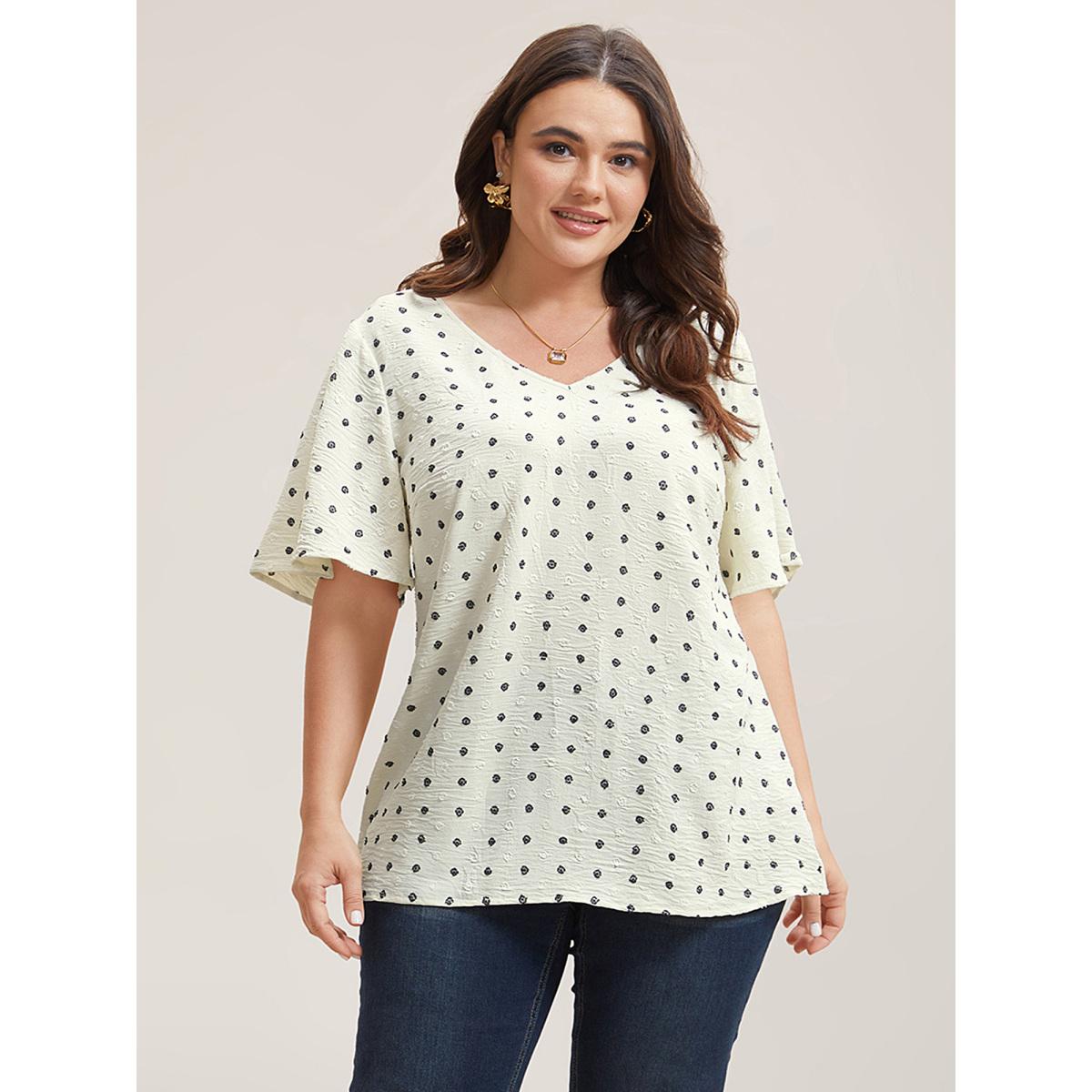 Plus Size Beige Textured Polka Dot Print Flared Sleeve Shirt Women Retro Short sleeve V-neck Elegant Blouses BloomChic 12/L Product Image