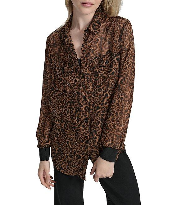 DKNY by Donna Karan Cheetah Print Crinkle Chiffon Long Sleeve Collared Button Front Blouse Product Image