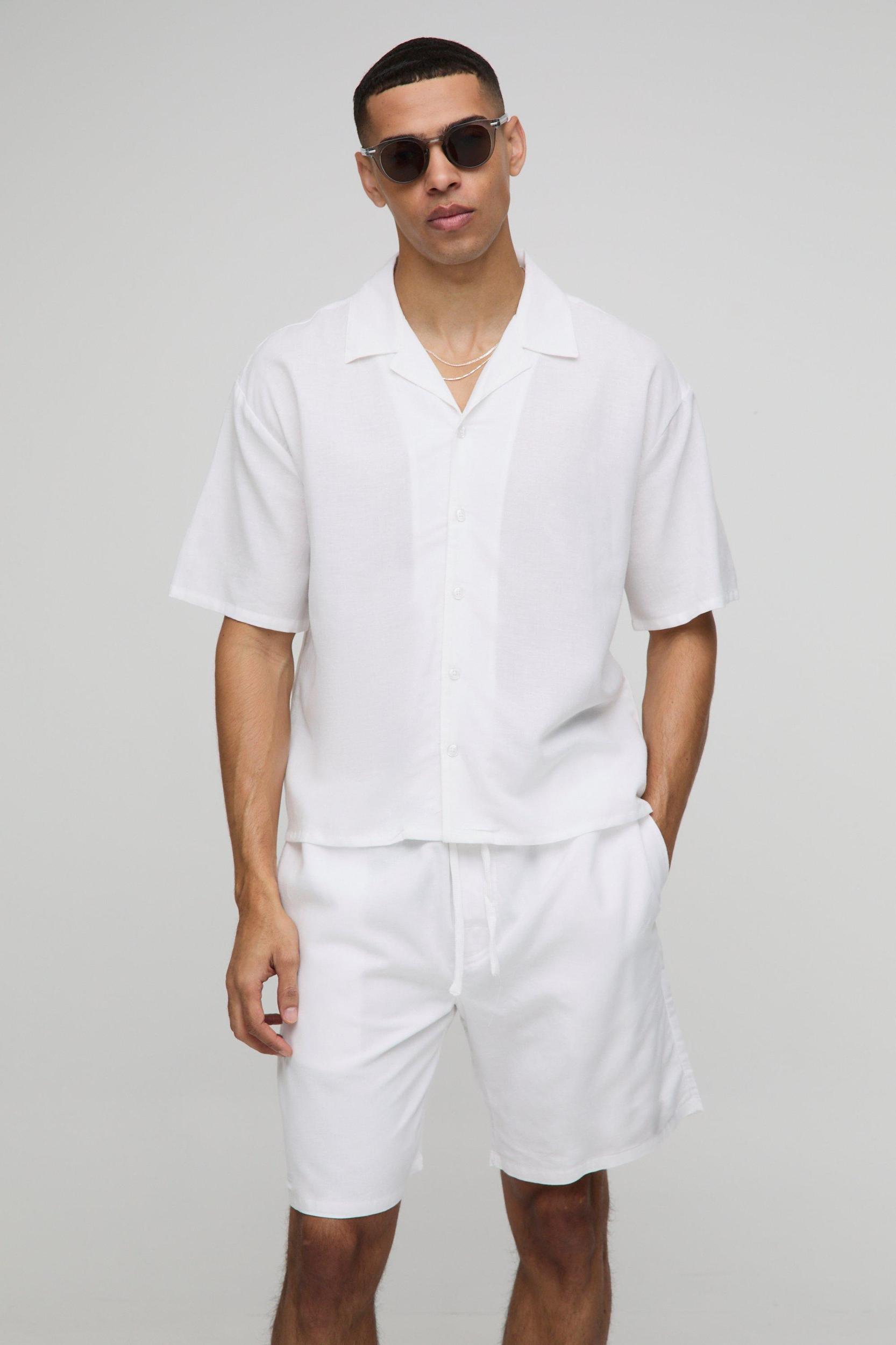 Oversized Revere Linen Blend Shirt & Short Set | boohooMAN USA Product Image