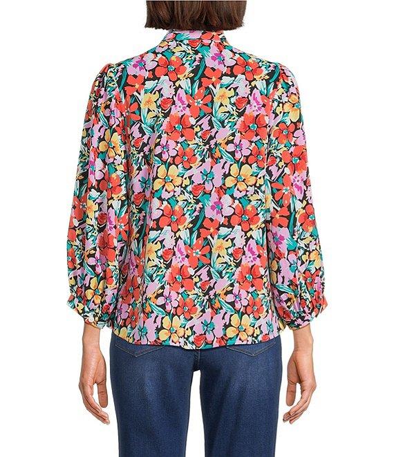 Calessa Petite Size Floral Split V-Neck 3/4 Sleeve Button Front Tunic Product Image