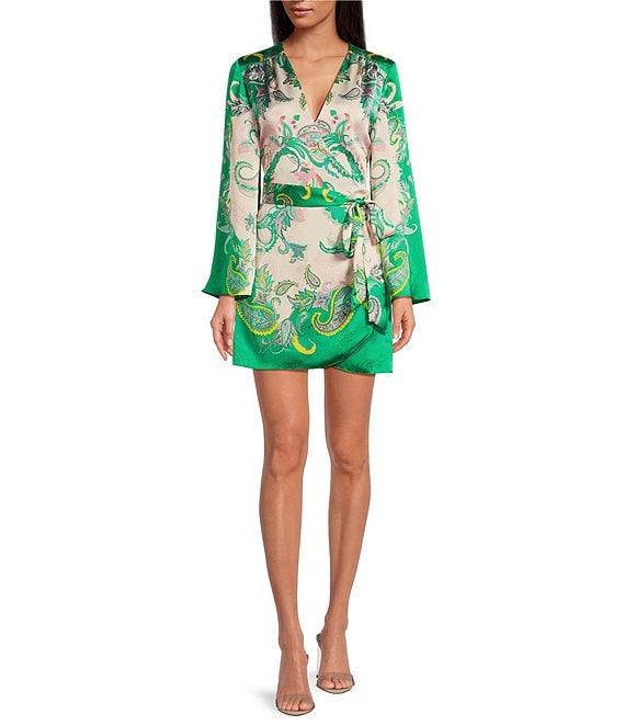 Gianni Bini Jenni Paisley Printed Satin V-Neck Long Sleeve Mini Wrap Dress Product Image