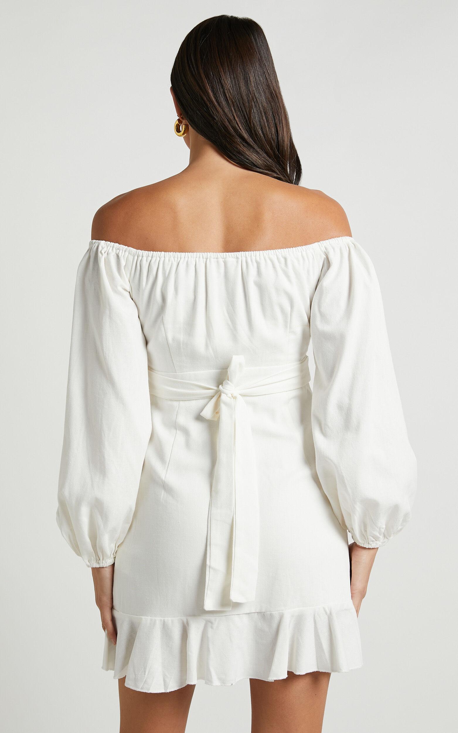 Cant Move On Off Shoulder Mini Linen Blend Dress in White Linen Look Product Image