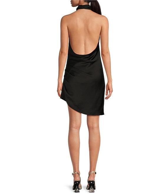Gianni Bini Peyton Ruched Satin Cowl Halter Neck Sleeveless Open Back Detail Asymmetrical Hem Mini Sheath Dress Product Image
