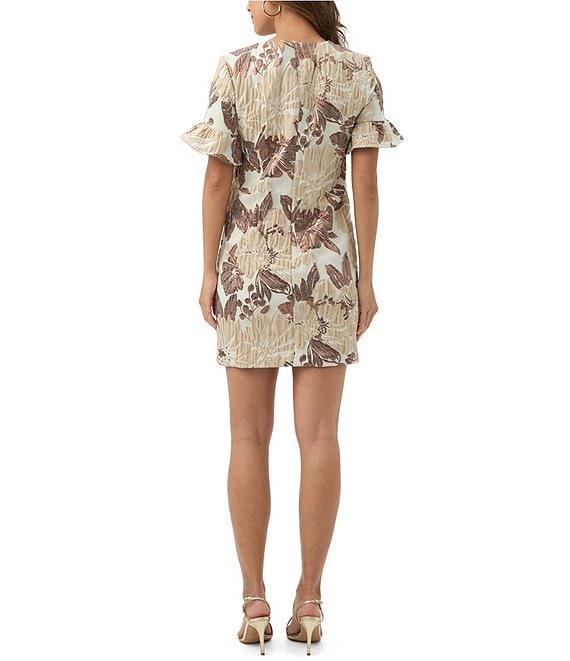 Trina Turk Darling Floral Metallic Jacquard Round Neck Short Ruffle Sleeve Dress Product Image