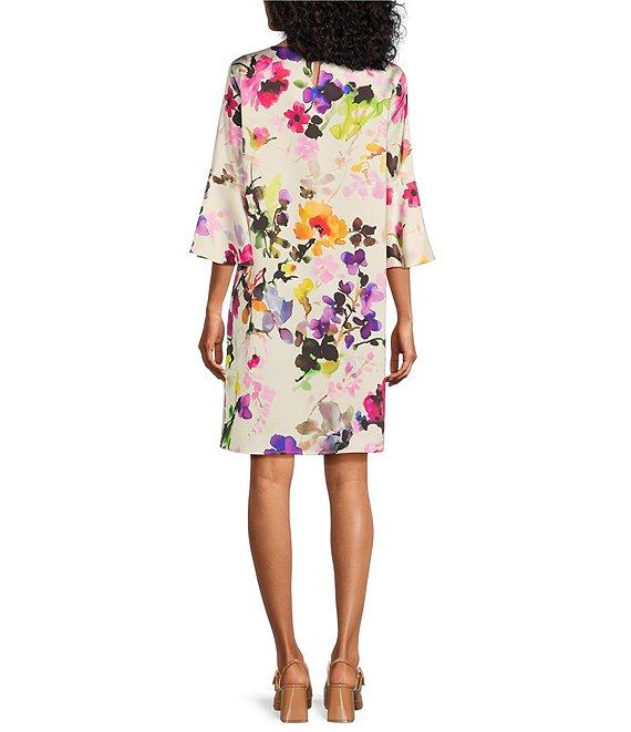 Caroline Rose Bella Brilliant Floral Bouquet Print Satin Scoop Neck 3/4 Soft Bell Sleeve Shift Dress Product Image
