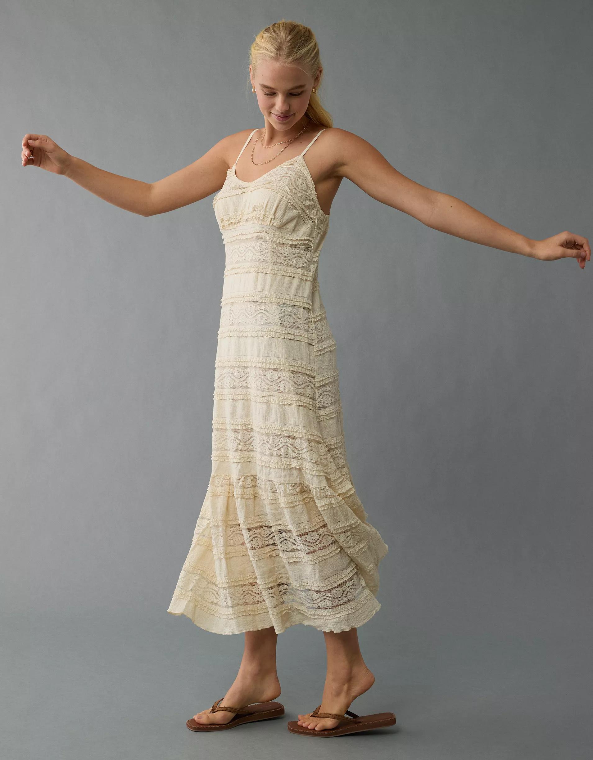 AE Lace V-Neck Tiered Midi Dress Product Image