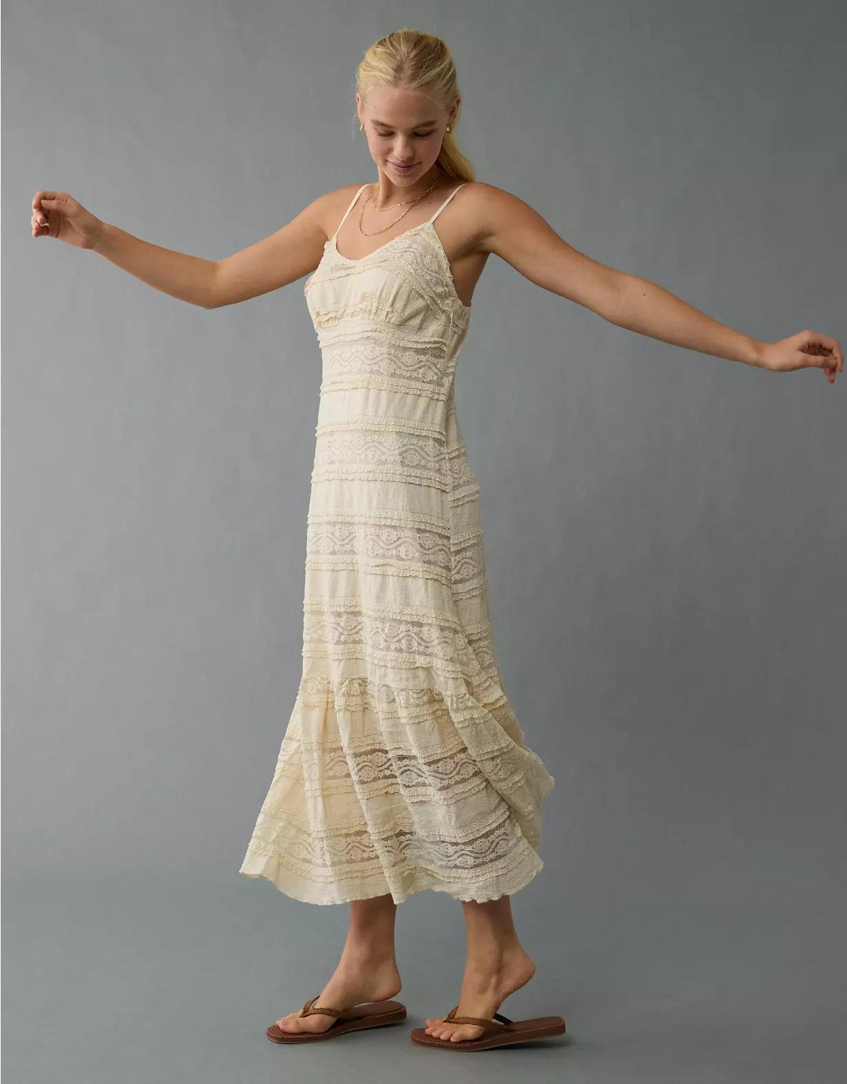 AE Lace V-Neck Tiered Midi Dress Product Image