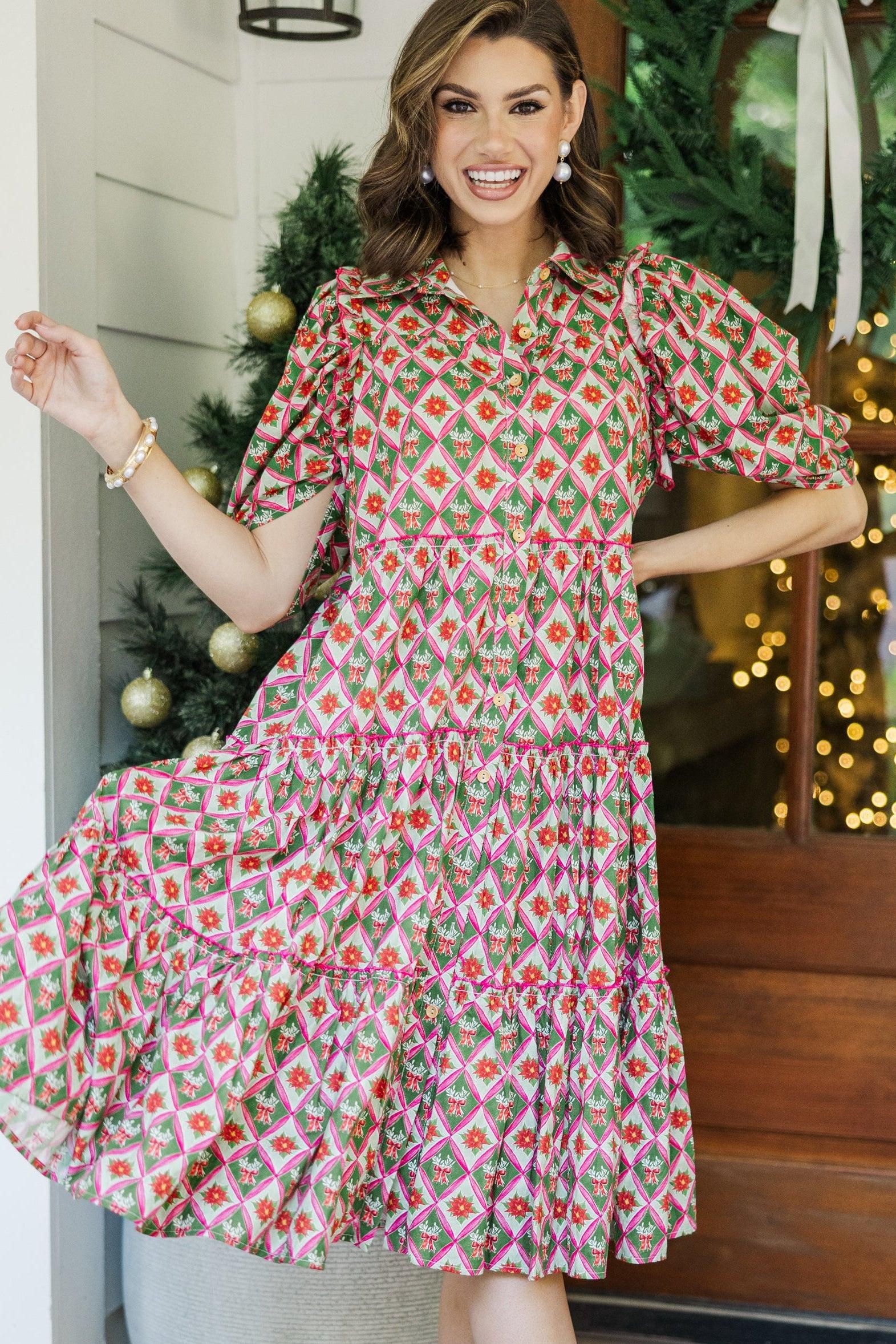 Run To You Green Holiday Medallion Print Midi Dress Female Product Image