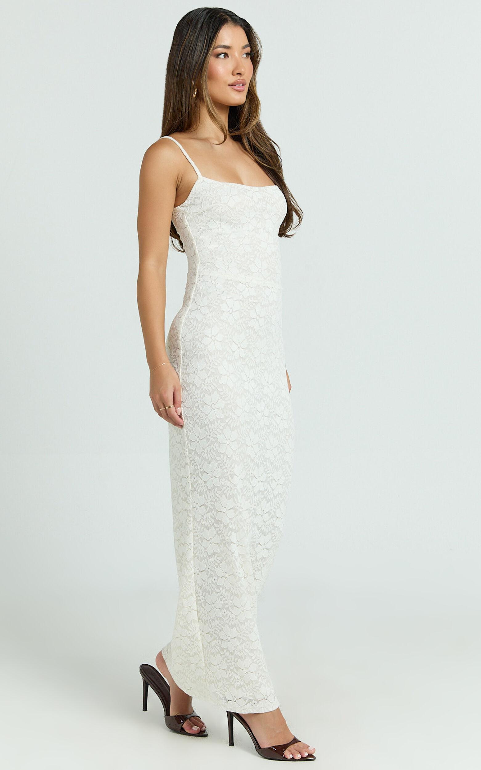 Carly Maxi Dress - Stretch Lace Scoop Neck Dress in Off White Product Image