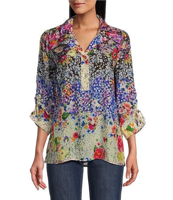 John Mark Floral-Printed Wire Collar 3/4 Sleeve Button-Front Top Product Image
