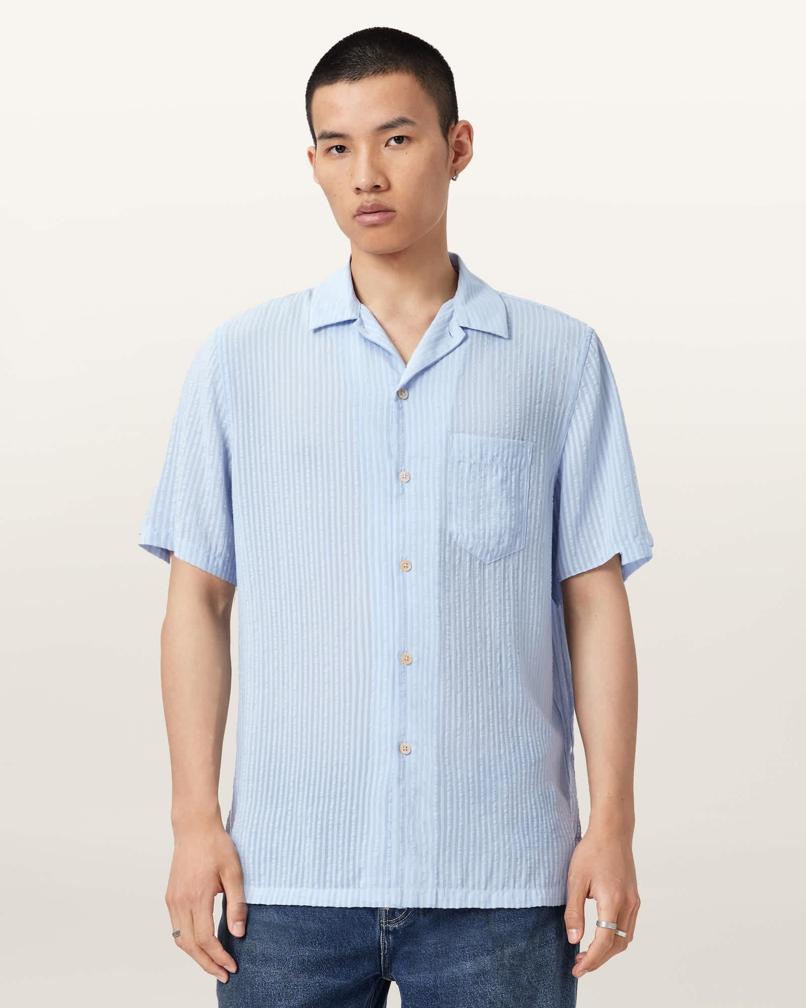 Perry Short Sleeve Striped Shirt KENTUCKY BLUE | ALLSAINTS US Product Image