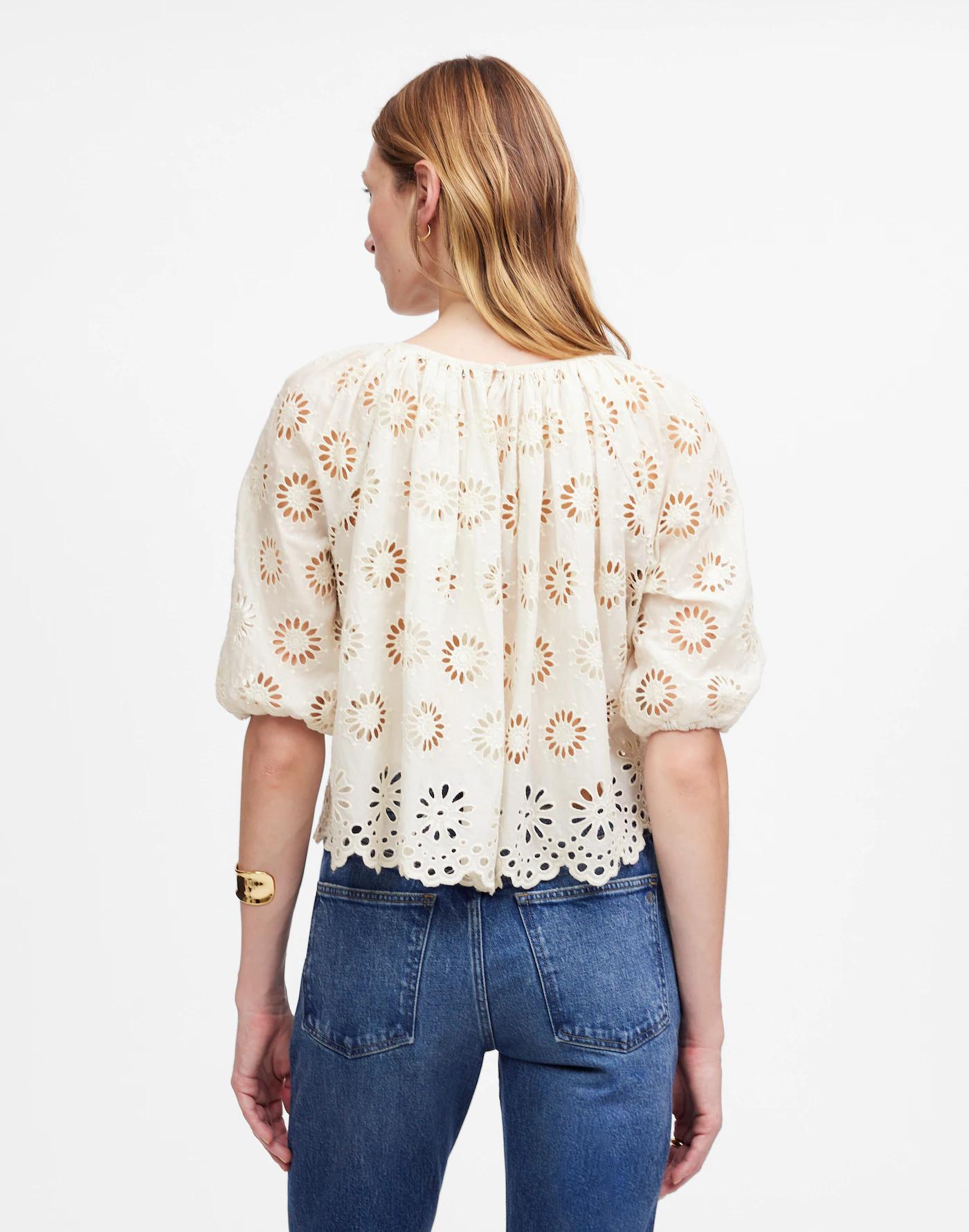 Embroidered Shirred Puff-Sleeve Top Product Image