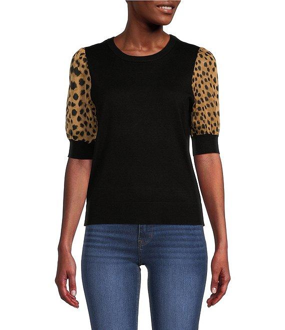 DKNY by Donna Karan Cheetah Print Short Puff Sleeve Knit Top Product Image
