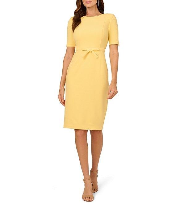 Adrianna Papell Crew Neck Short Sleeve Bow Front Crepe Sheath Dress Product Image