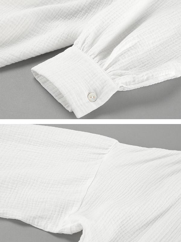 Loose Puff Sleeves Pleated Solid Color Split-Joint V-Neck Blouses&Shirts Tops Product Image