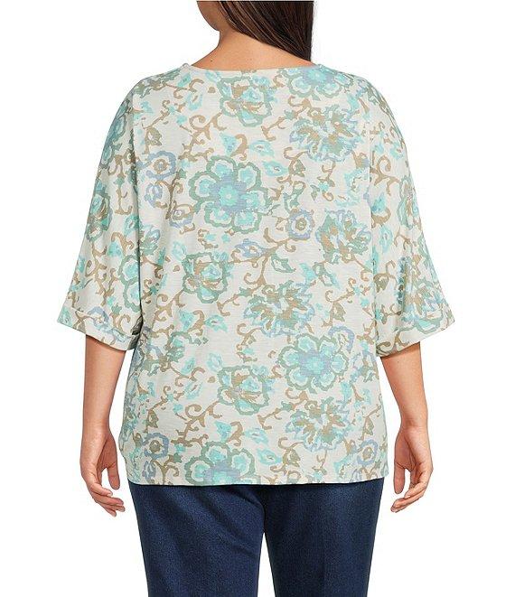 Multiples Plus Size Slub Batik Multi Printed V-Neck 3/4 Dolman Sleeve Top Product Image