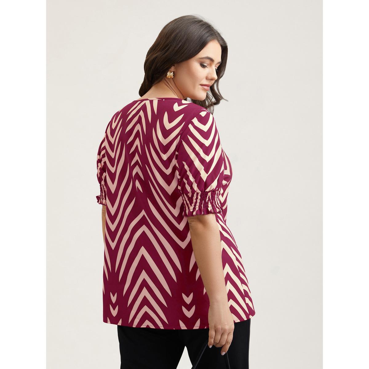 Plus Size Black Geometric Print Ruffled Shirred Shirt Women Office Half Sleeve Flat collar with V-notch Office Blouses BloomChic 26/4X Product Image