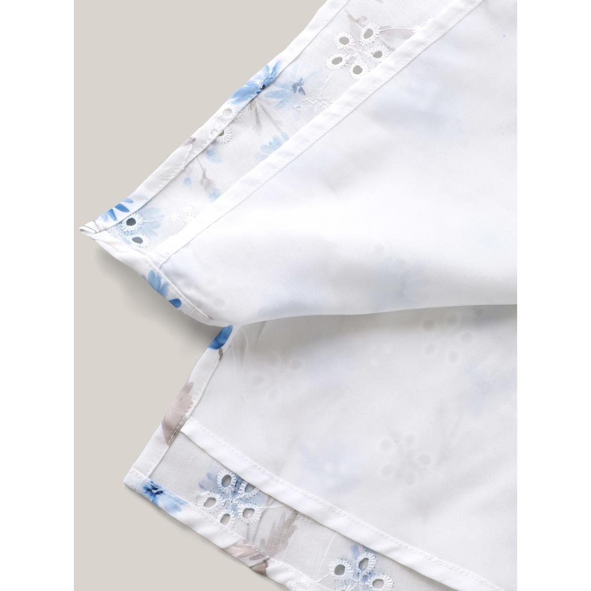 Plus Size LightBlue Cotton Embroidered Tassel Tie Flowy Blouse Women Short sleeve Flat collar with V-notch Vacation Blouses BloomChic 18-20/2X Product Image