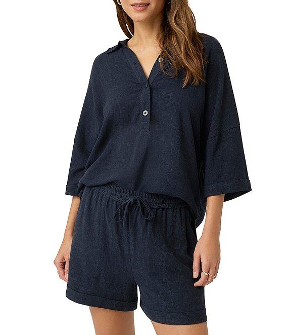 Splendid Coastal Knit Notch Collar 3/4 Sleeve Polo Top Product Image