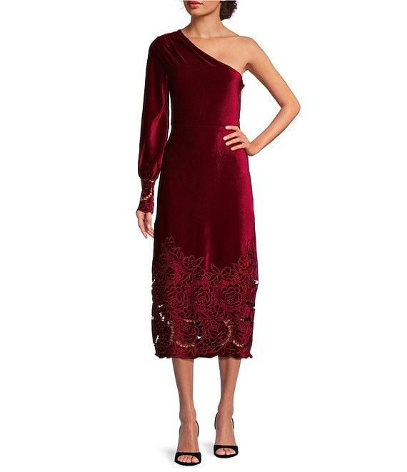 Layered with Love One Sleeve Laser Cut Floral Hem Velvet Midi Dress Product Image