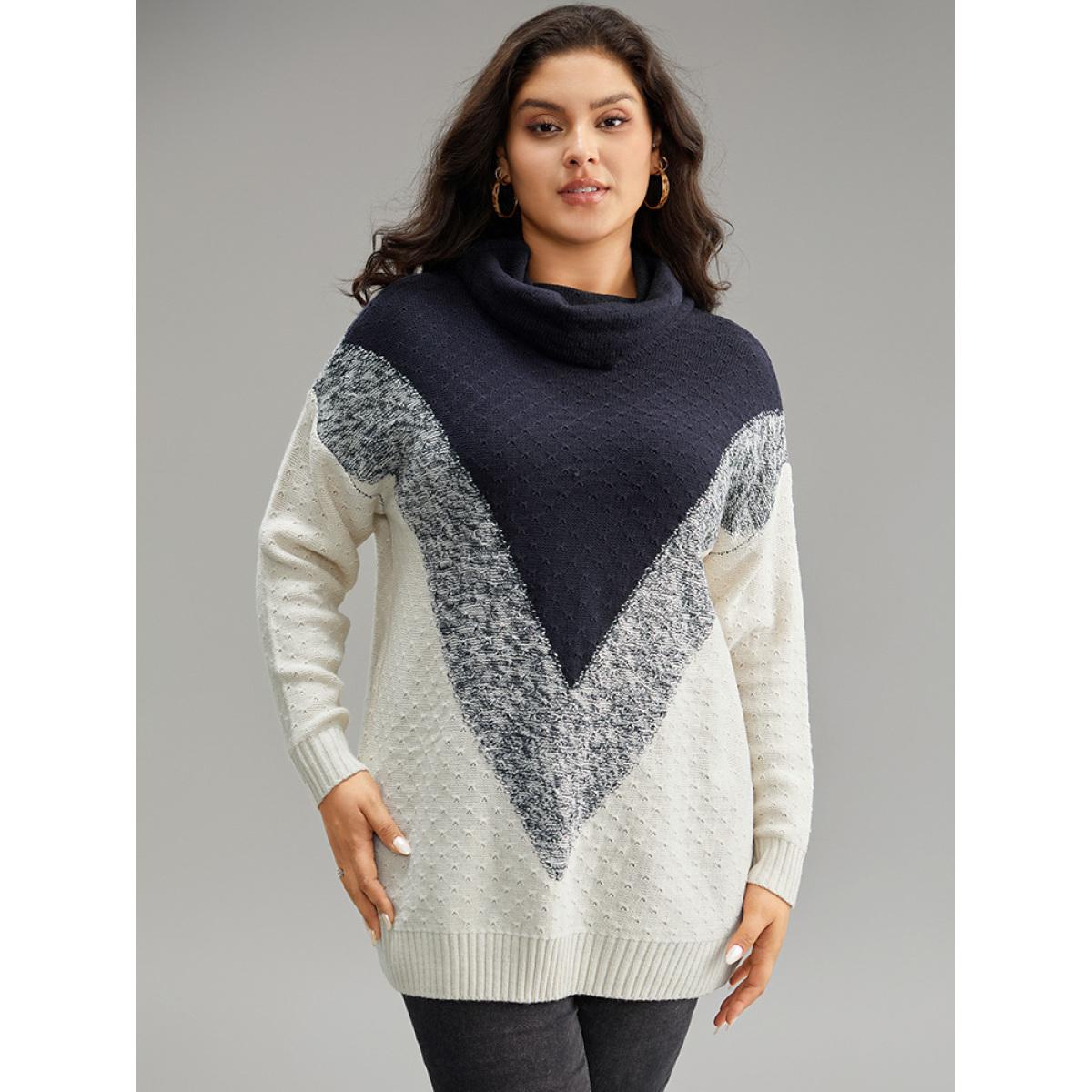 Plus Size Heather Colorblock Turtle Neck Pullover Midnight Women Casual Loose Long Sleeve Round Neck Dailywear Pullovers BloomChic 22-24/3X Product Image