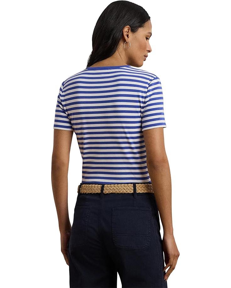 Striped Elbow-sleeve Henley Top Product Image