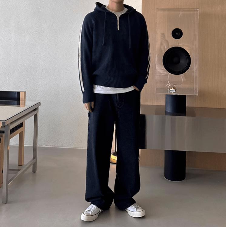 RT No. 11531 KNIT DARK BLUE STRIPE PULLOVER HOODIE Product Image