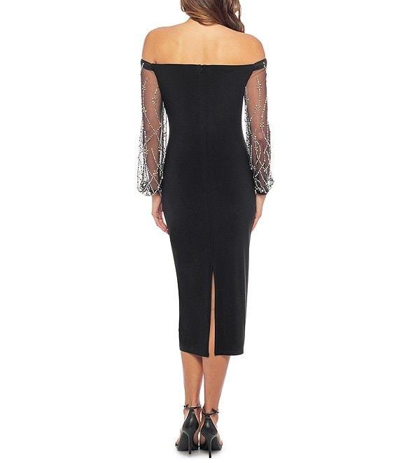 Marina Off-the-Shoulder Neck Long Beaded Sleeve Side Ruched Sheath Dress Product Image