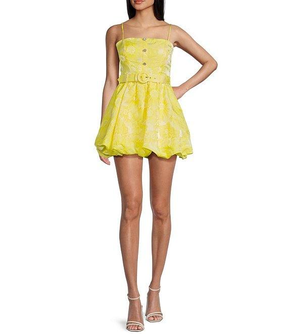 B. Darlin Floral Print Spaghetti Strap Belted Bubble Skirt Smocked Back Dress Product Image