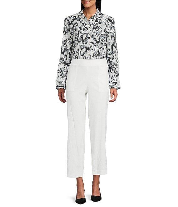 Investments Woven Black White Ikat Long Sleeve Point Collar Button Front Top Product Image