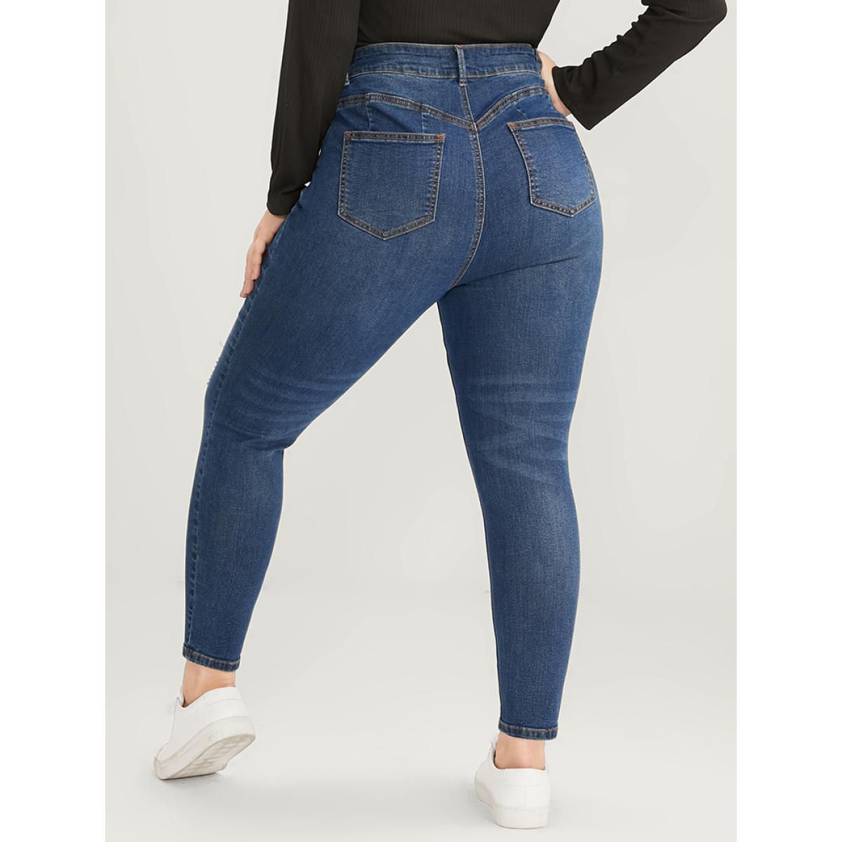 Plus Size Skinny Moderately Stretchy High Rise Dark Wash Distressed Ankle Jeans Women Indigo Casual Plain Zipper Medium stretch Pocket Jeans BloomChic 14/1X Product Image