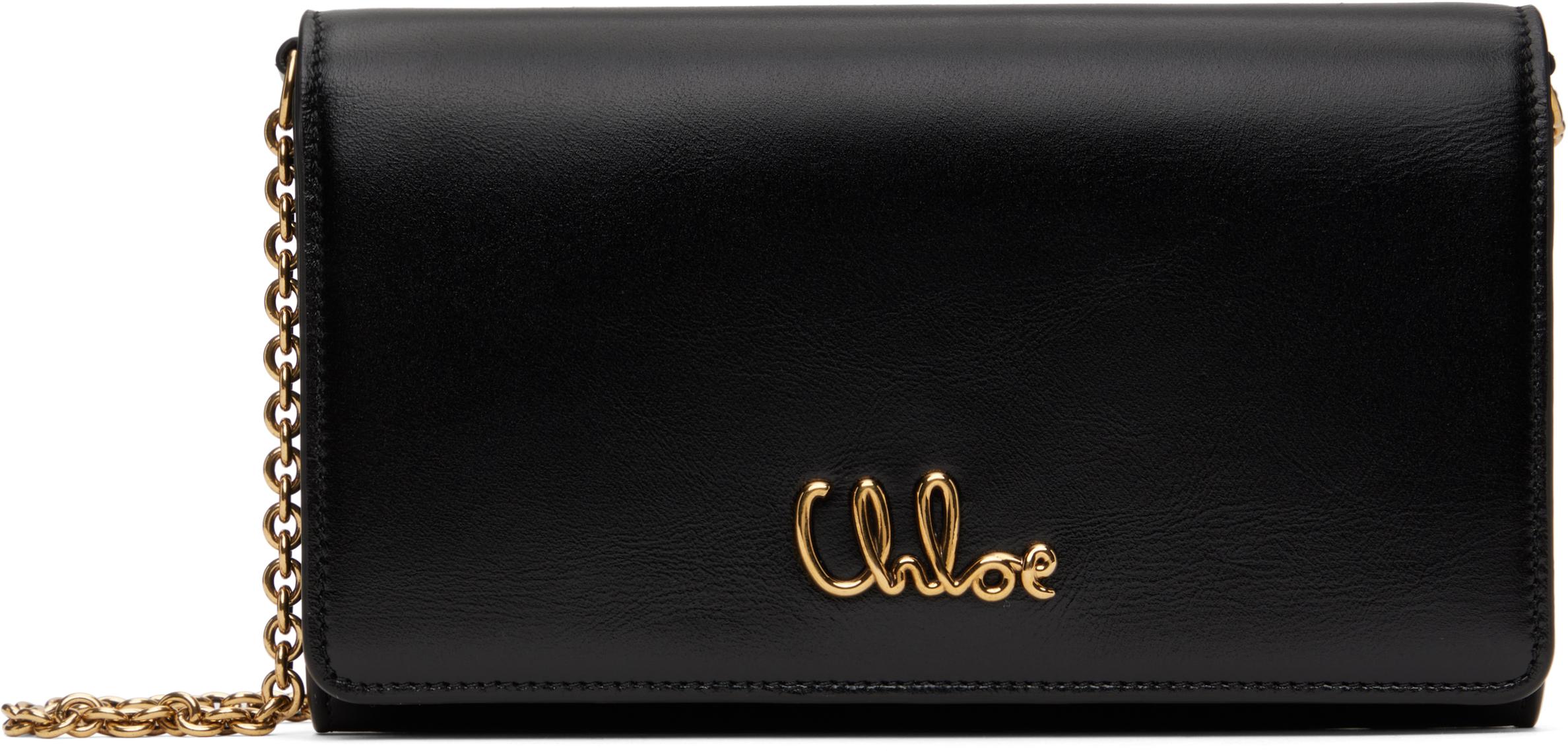 CHLOÉ Iconic Flap Wallet On Chain In Shiny Calfskin In Black Product Image