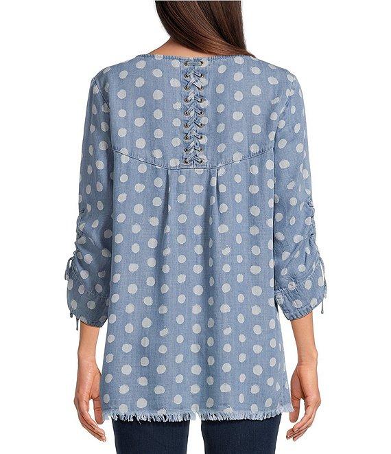 Tru Luxe Jeans Dot Printed Chambray Scoop Neck 3/4 Sleeve Lace-Up Top Product Image