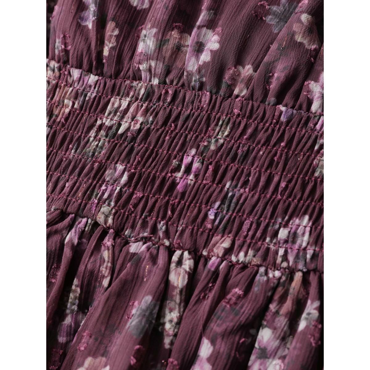 Plus Size Floral Print Pleated Waist Mini Dress Burgundy Women Romantic Ruffles Deep V-neck Long Sleeve Curvy BloomChic 14-16/1X Product Image