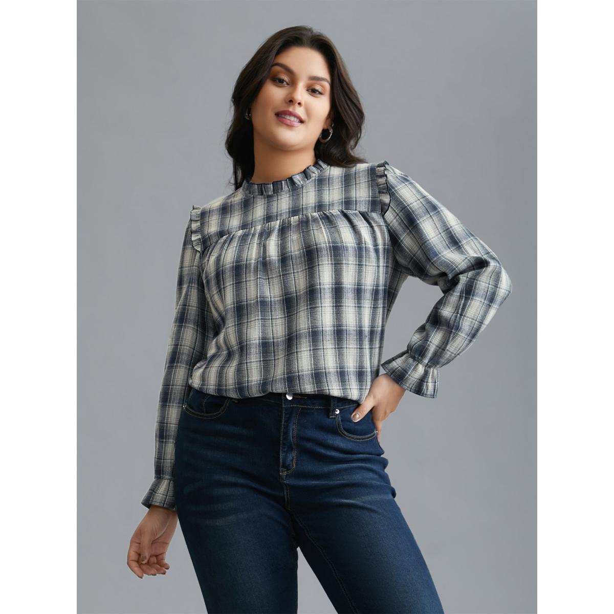 Plus Size Indigo Plaid Ruffle Trim Gathered Blouse Women Elegant Extra Long Sleeve Round Neck Everyday Blouses BloomChic 14-16/1X Product Image