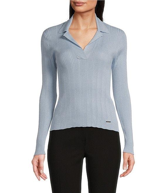 Calvin Klein Metallic Notch Collar V-Neck Long Sleeve Sweater Product Image
