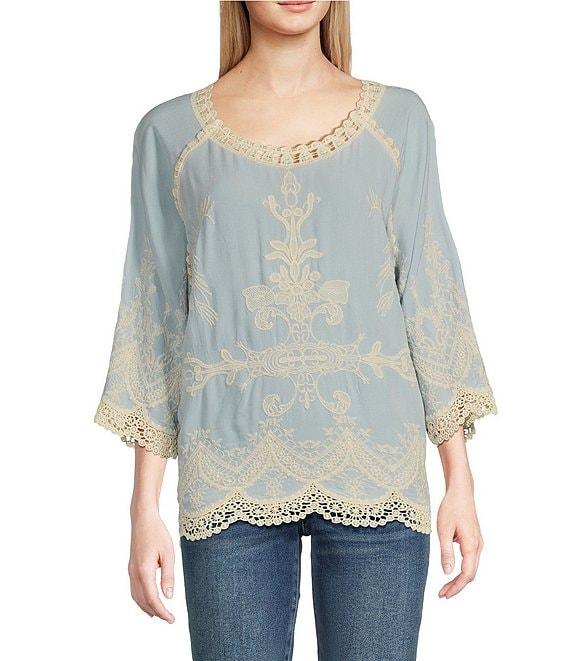 Leo & Nicole Woven Embroidered Scalloped Lace Trim Scoop Neck 3/4 Sleeve Top Product Image