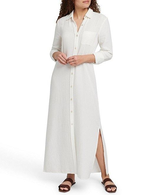 Faherty Dune Gauze Point Collar Long Sleeve Maxi Shirt Dress Product Image
