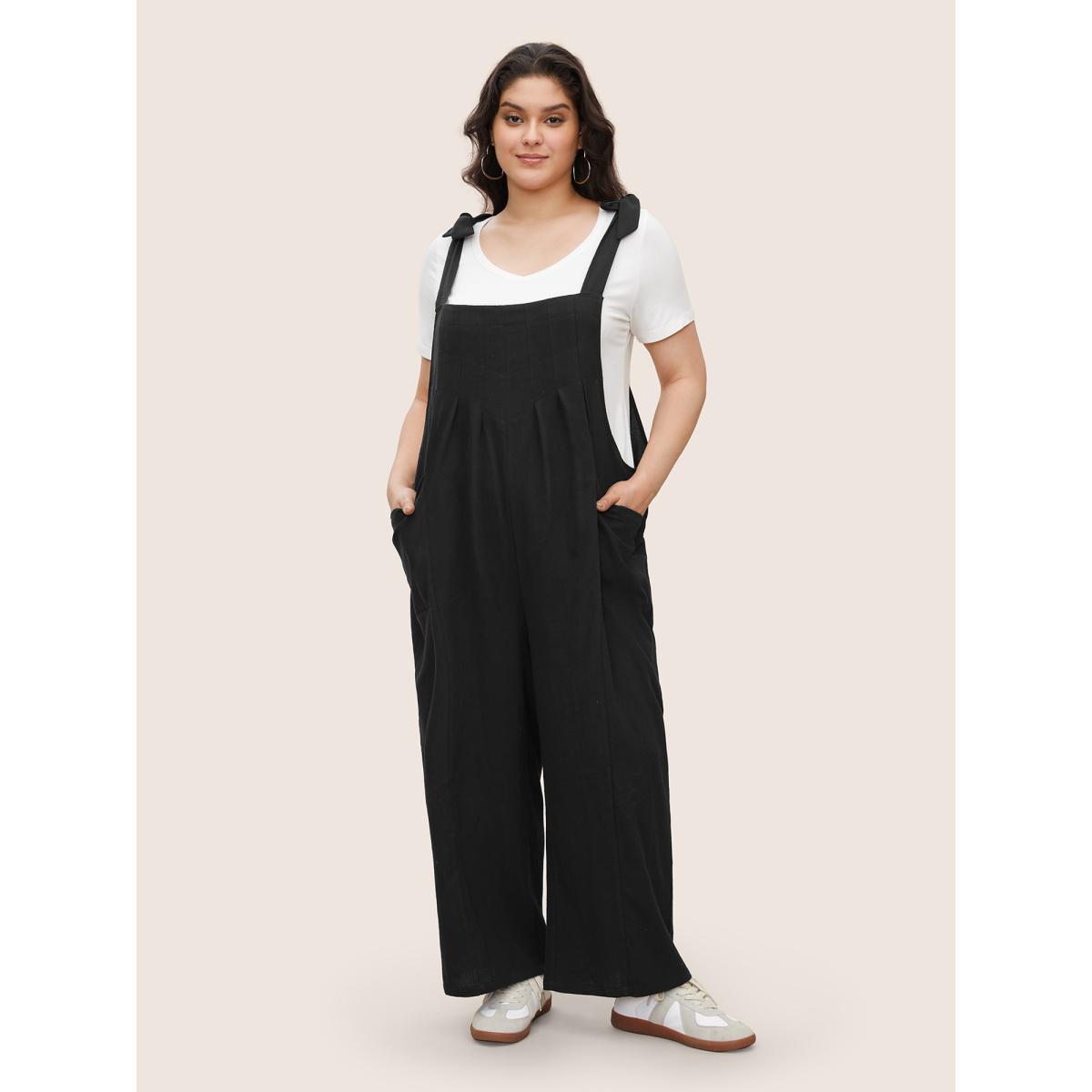 Plus Size Black Solid Pleated Detail Pocket Knotted Shoulder Overall Jumpsuit Women Casual Sleeveless Non Everyday Loose Jumpsuits BloomChic 26/4X Product Image