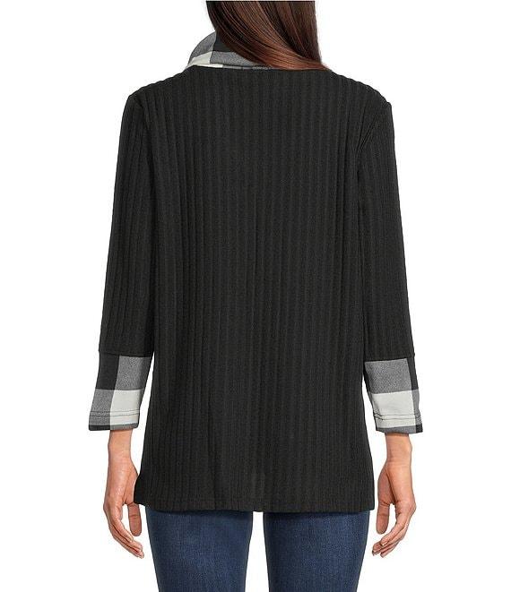Ali Miles Brushed Buffalo Plaid Textured Knit Cowl Neck 3/4 Sleeve Pullover Tunic Product Image