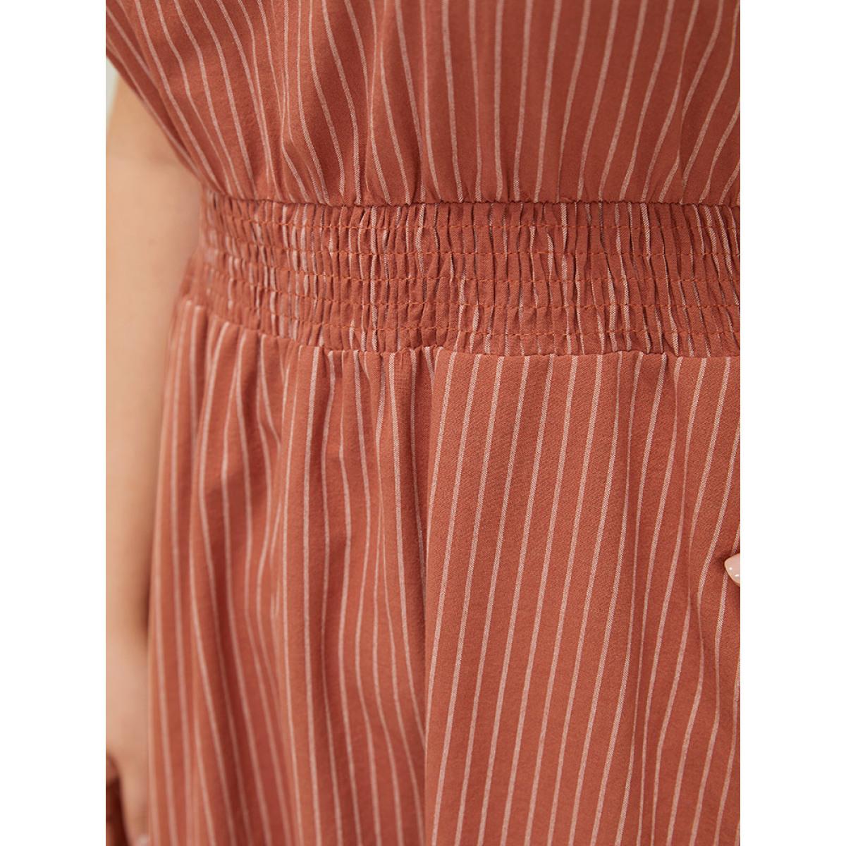 Plus Size Striped Print Pocket Shirred Drawstring Shoulder Dress Rust Women Vacation Contrast V-neck Sleeveless Curvy Midi Dress BloomChic 12/L Product Image