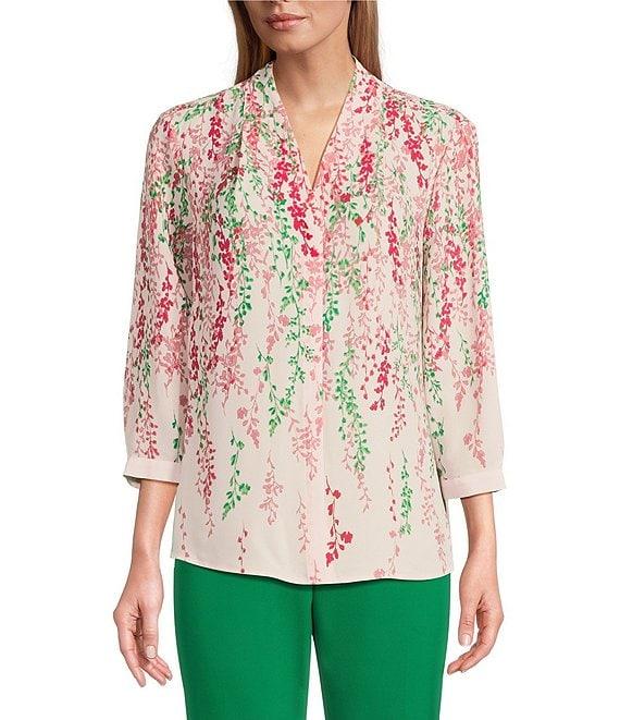 Investments Caroline Signature Cascading Vines V-Neck 3/4 Sleeve Button Front Top Product Image