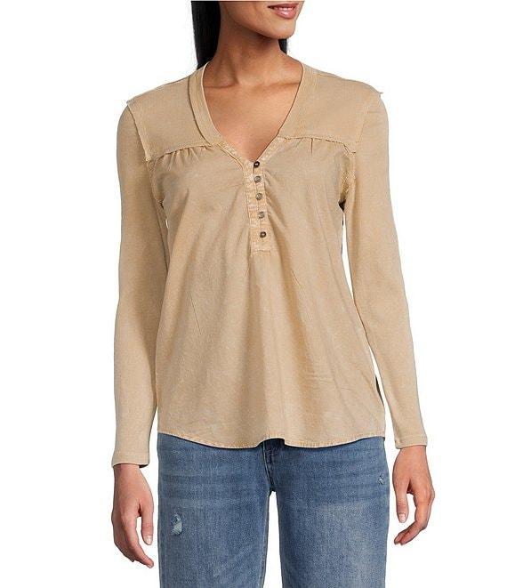 Reba Woven Voile Knit Rib Henley V-Neck Long Sleeve Trapeze Top Product Image